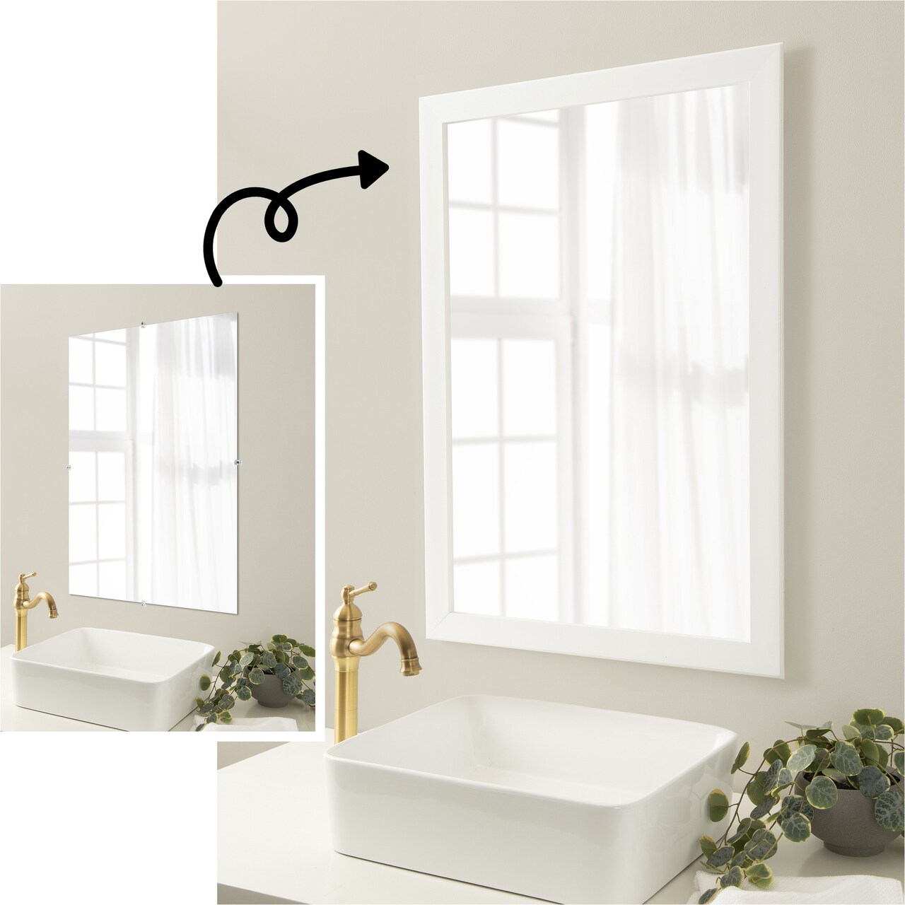 Amanti Art Mirror Makeover Bathroom Mirror Frame Border Kit - Fully Assembled Peel and Stick Frame - Mirror NOT Included - Cabinet White Narrow Trim